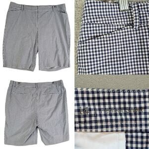 Talbots Women's Perfect Short 14 Bermuda Flat Front Blue Gingham Cotton